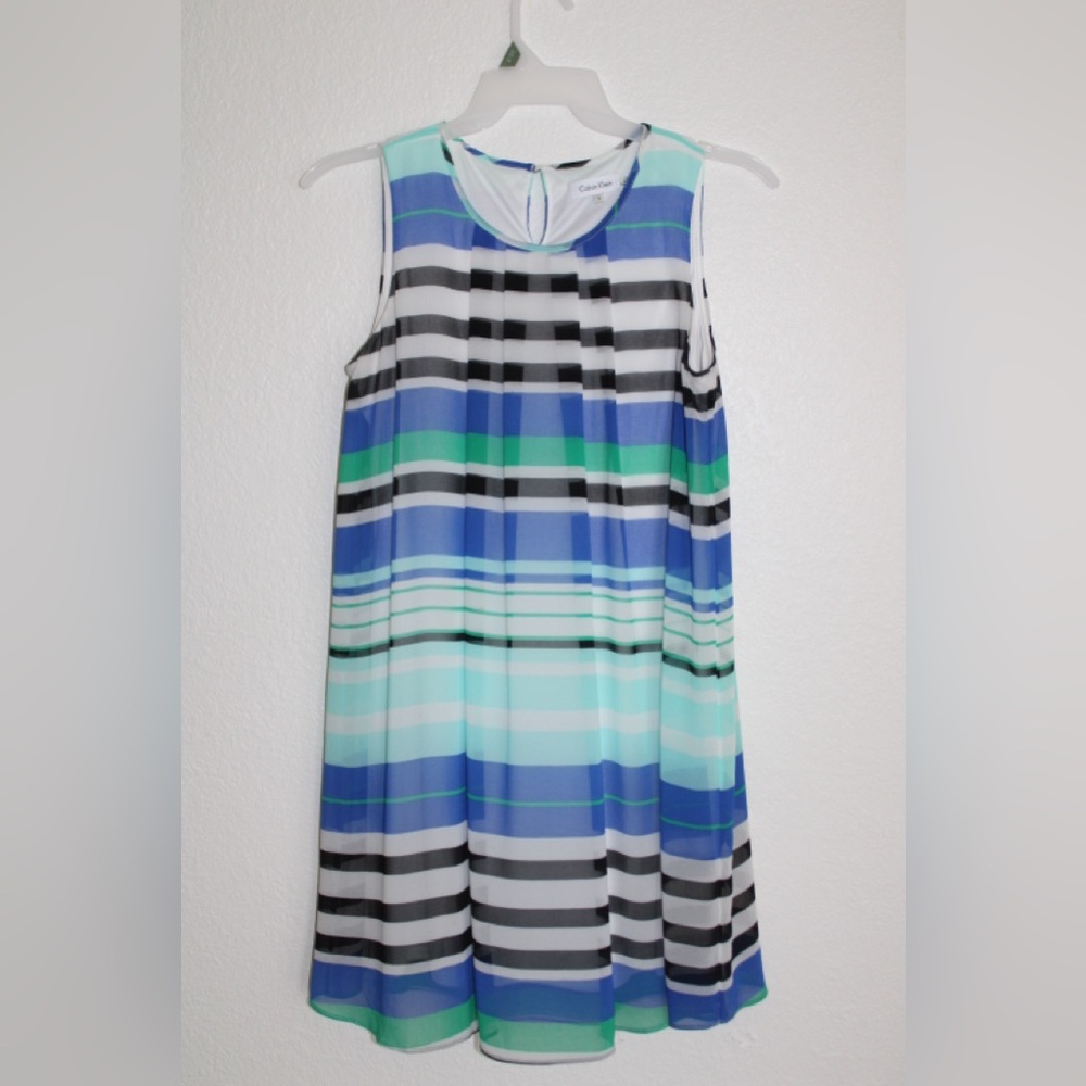 Preowned Original Authentic Calvin Klein A-line sleeveless mesh striped dress.